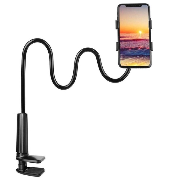 Mobile Phone Flexible 360o Clip Mount Stand Holder Bed Desktop Bracket Clamp Blk