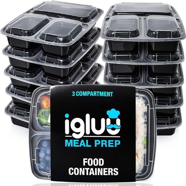 10x Plastic Food 3 Compartment Reusable Meal Prep Containers Storage Tray