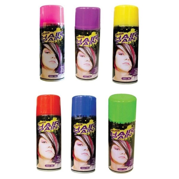 6x Hair Spray Paint Non-Toxic Washable Party Fun Fluro Dye Colouring 125ml
