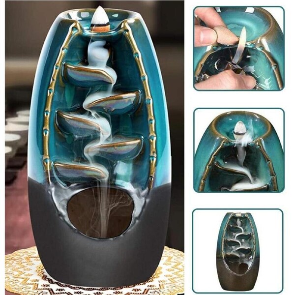 Smoke Backflow Mountain Waterfall Ceramic Incense Burner Holder 110 Cones