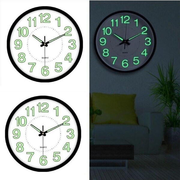 12'' Luminous Wall Clock Glow In The Dark Silent Quartz Indoor Home Modern Clock