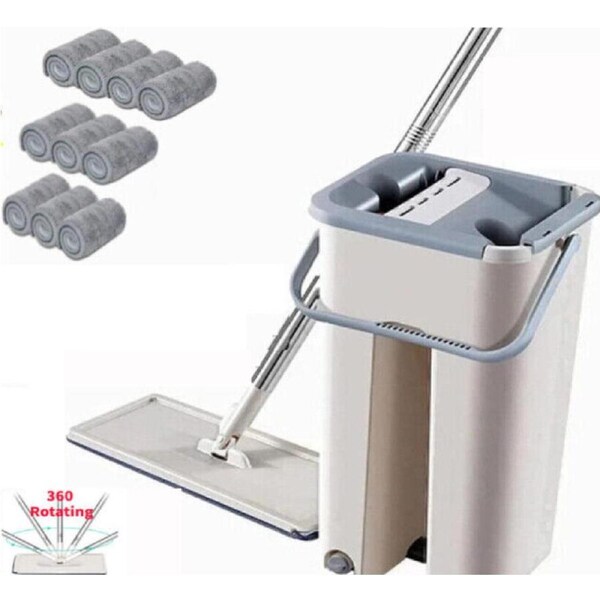Mop Bucket Wet Dry Rinse Wash 360 Rotating Squeeze Flat Floor Cleaner with Pads