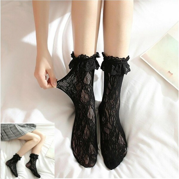 Women Lady Girls Ankle Fancy Fairy Retro Lace Frilly Princess Short Socks Black