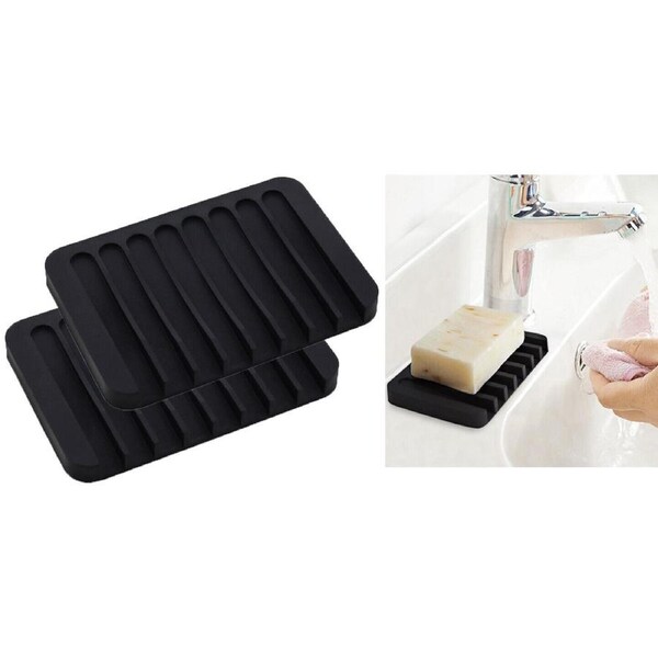 2x Silicone Soap Dish Holder Rack Tray Plate Saver Bathroom Storage - Black