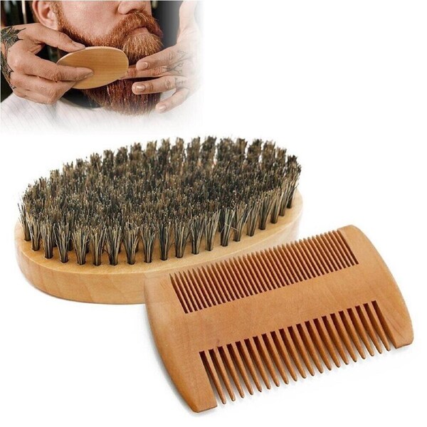 Boar Bristle Beard Brush & Wooden Comb Kit Beard Grooming Care Set