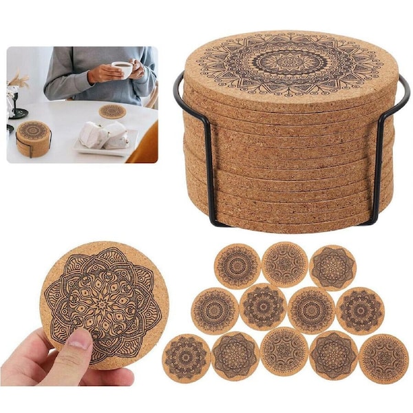 12Pcs Cup Coasters Coffee Pad With Rack Nordic Mandala Round Cork Coaster
