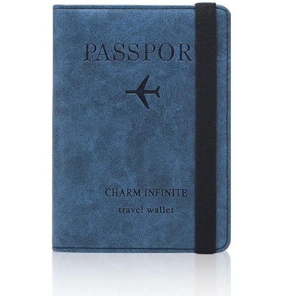 Passport Holder Cover Case PU Leather Travel Wallet RFID Blocking Card - Blue