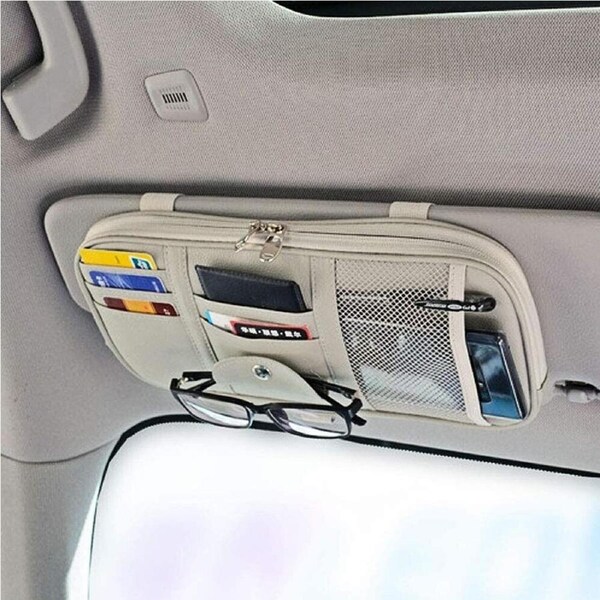Leather Car Sun Visor Organizer Pocket Card Storage Holder Net Zipper - Grey