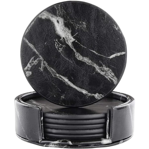 6PCS Coasters For Drinks With Holder Black Marble Texture Round Cup Mat Pad Set