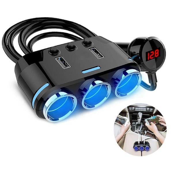 12V SUV Car Cigarette Lighter Socket Adapter 3 Way Double USB Charger Splitter