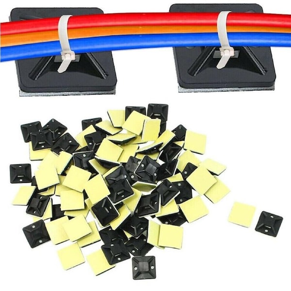 200x Self Adhesive Cable Wire Zip Tie Mounts Base Clamps Clip Black 20x20mm