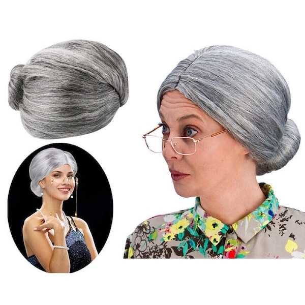 Grandma Wig Old Lady Woman Grey Silver Granny Mother Dress Up Costume Part