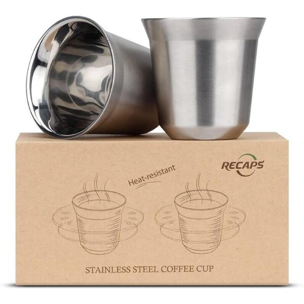 2x Espresso Cups Set Double Wall 304 Stainless Steel Thermo Coffee Tea Mug 80ml