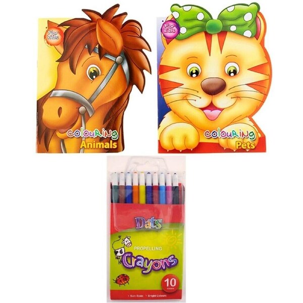 2 Kids Colouring Books Animal Included 10 Crayons Propelling Colours PVC Wallet