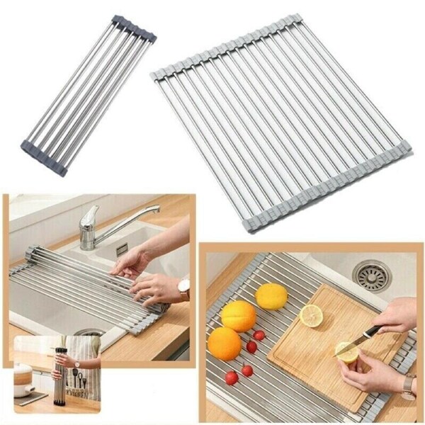 D.Line Over Sink Roll-Up Draining Rack Foldable Drying Dish Drainer 48x24cm