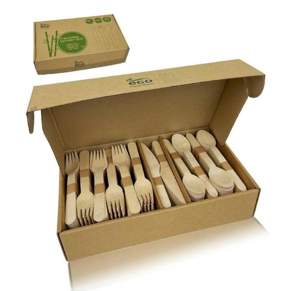 360PC Wooden Cutlery Set Disposable Bamboo Wood Bulk Buy Forks Spoons Knives