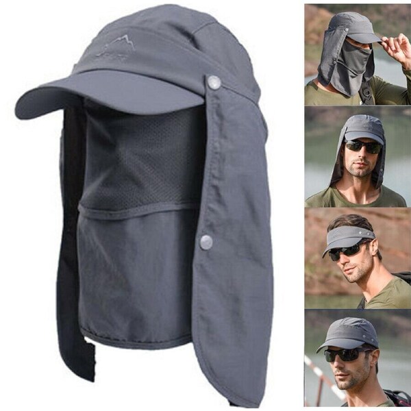 Unisex Face Neck Flap Hat Wide Brim Cap Hiking Fishing UV Sun Protection Grey
