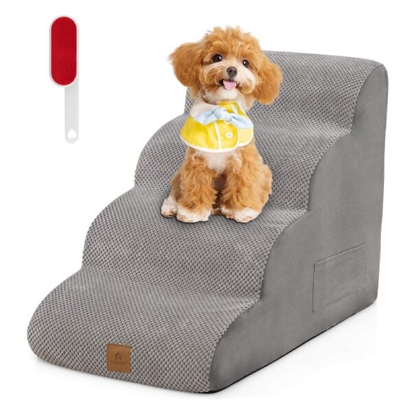 Costway 4-Tier Pet Ramp Dog Step Stairs Non-slip Climbing Ladder Bed Sofa w/Hair Remover Storage Pocket Handle Grey