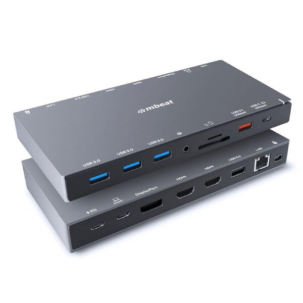 mbeat 15-in-1 Triple Display USB-C Docking Station 2x HDMI 1x DP 1x 100W PD 3.0 1x USB-C 3.1 Gen2 3x USB 3.0 1x USB 3.1 Gen2 MicroSD/SD Card 1x 1Gb