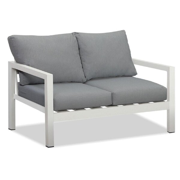 Manly 2 Seater White Aluminium Outdoor Sofa Lounge with Arms - Grey Cushion