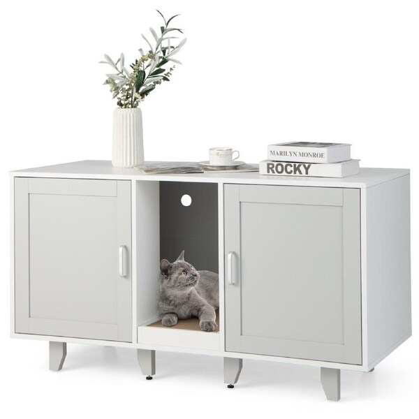 Costway Wood Entertainment Units Hidden Cat Litter Cabinet Cat House TV Stand Sideboard w/Scratching Pad&2 Doors