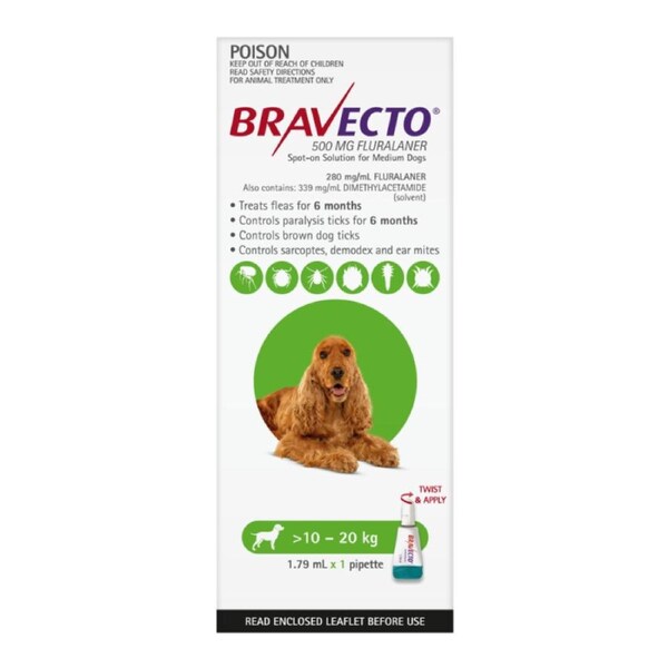 Bravecto Dog 6 Month Spot On Tick & Flea Treatment 10-20kg Medium Green