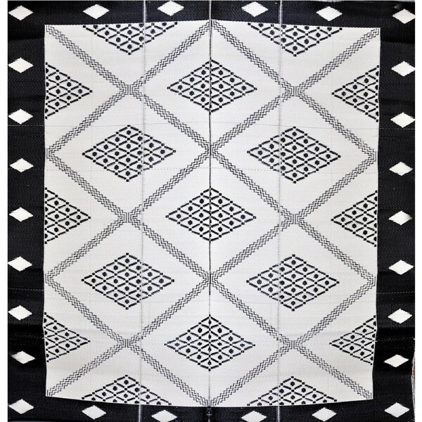 Troy Black & Cream Square Diamond Pattern Foldable Waterproof Large Camping Mat - 270 x 270 cm - Weatherproof Rug, Recycled Plastic, Sustainable, Eco Friendly UV Resistant, Durable Outdoor, Patio Rug