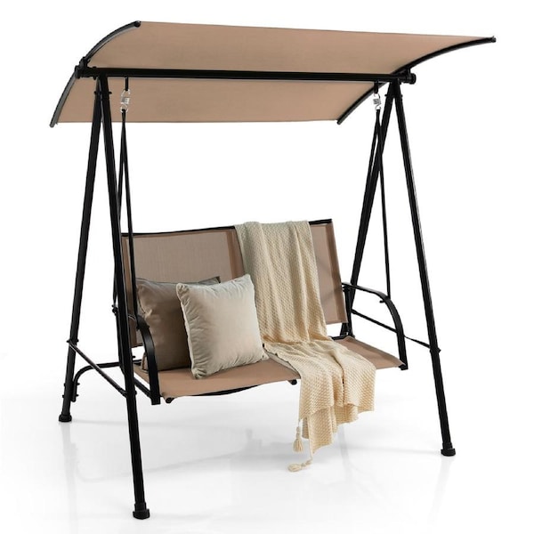 Costway Swing Chair Metal Frame Adjustable Garden Beach Fabric Seat w/Canopy Beach Patio Balcony Beige