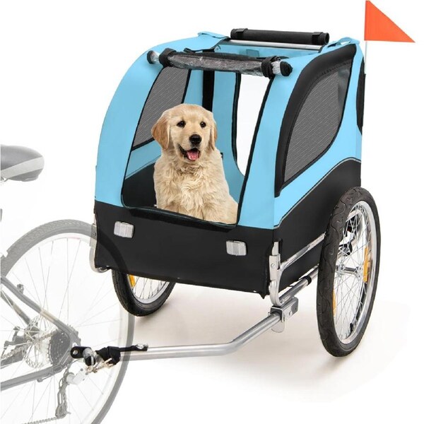 Costway Bike Trailer Foldable Pet Carrier Trolleys Dog Bicycle Stroller Travel w/3 Entrances&1 Warning Flag Blue
