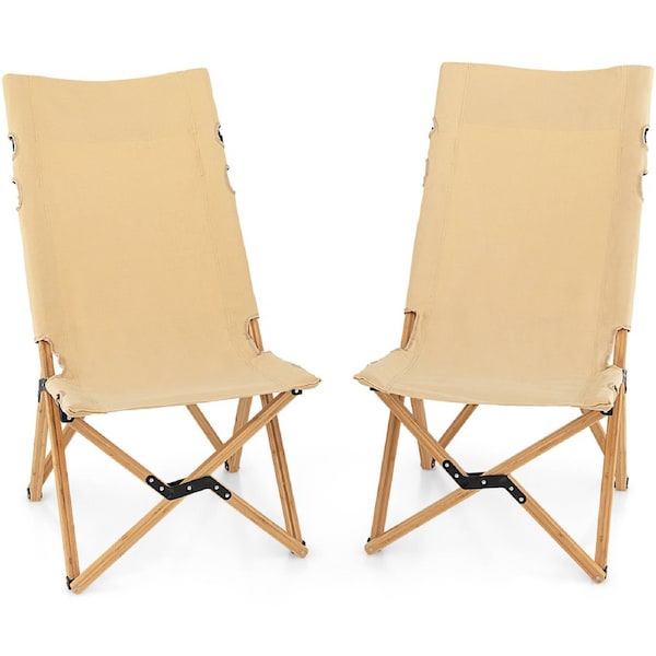 Costway 2PCs Portable Camping Chairs Bamboo Beach Chair Adjustable w/Carry Bag Patio Hiking Fishing Picnic Beige