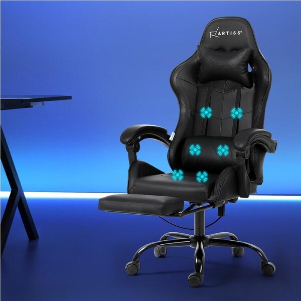 Artiss Gaming Chair 6 Point Massage Office Chairs Leather Recline Footrest Black