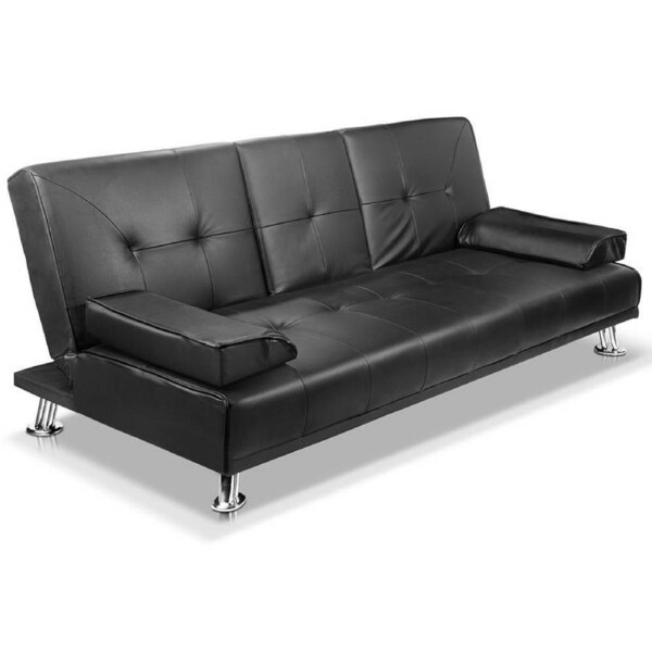 Artiss Sofa Bed Lounge Futon Couch Beds 3 Seater Leather Fabric Cup Holder 188CM Black Leather