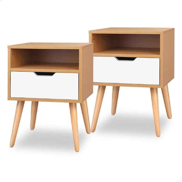 ALFORDSON Set of 2 Bedside Table - 1 Drawer & Shelf Bedside Table (Wood & White)