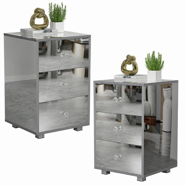 Advwin Set of 2 Mirrored Bedside Table 3 Drawers Glass Nightstand Storage