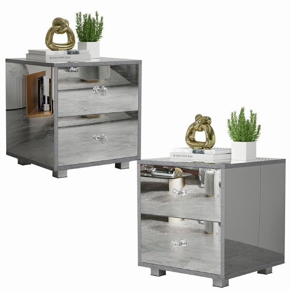 Advwin Set of 2 Mirrored Bedside Table 2 Drawers Nightstand Bedroom Side Table Glass End Table