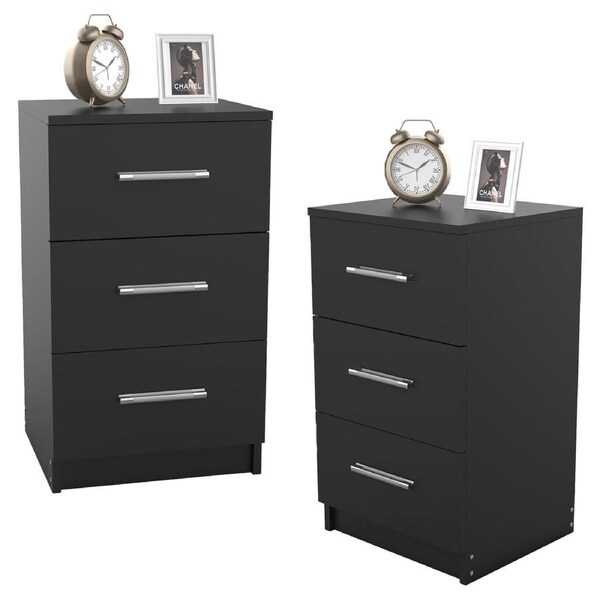 Advwin Set of 2 Bedside Table 3 Drawers Nightstand Storage Side Table Black
