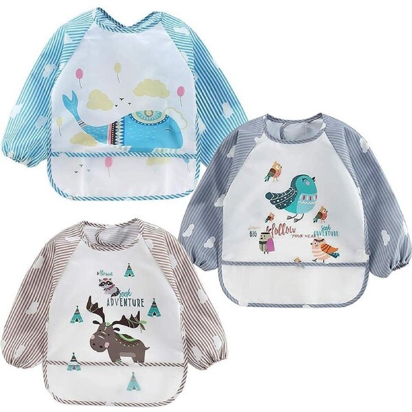 3-piece long sleeve baby bib, baby waterproof bib , toddler soft bib, washable stains and deodorant apron (6-36 months)