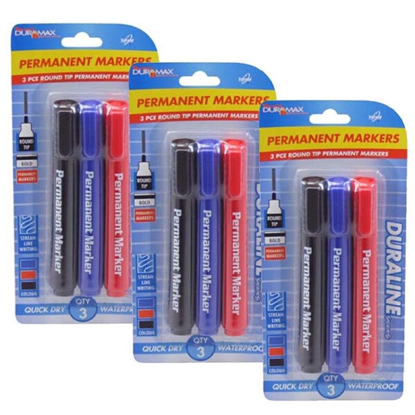 9pcs Permanent Markers-black/red/blue Round Tip Marker Stationary Quick Dry Set