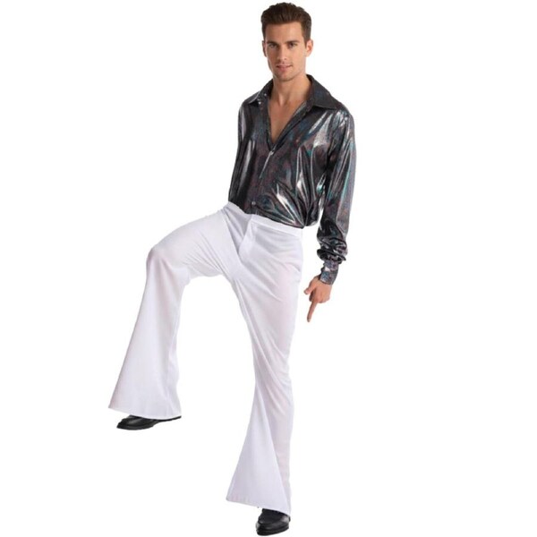 Mens 70s Deluxe Retro Disco Flare Trousers Pants Costume Dancer Dance White / S/M (Heights 165-175cm)