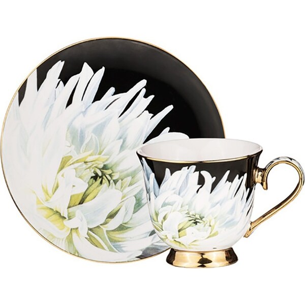 Ashdene Dark Florals White Dahlia Drinking Tea Cup w/Saucer 180ml New Bone China