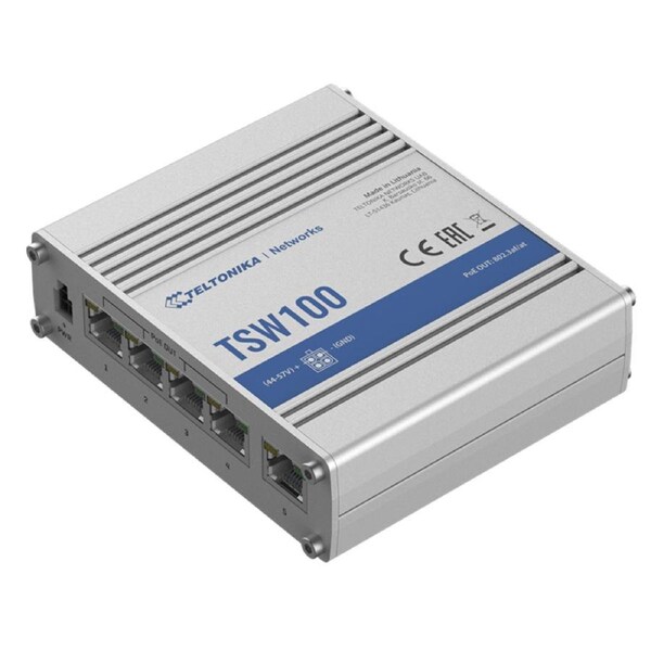 TELTONIKA TSW100 - Industrial Unmanaged PoE+ Switch, 120W, 4x PoE Ports, Plug-N-Play
