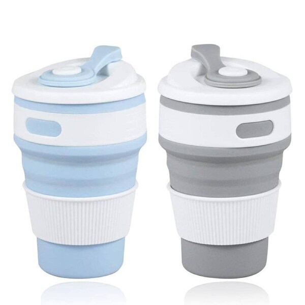 Nevenka 2 Pack 350ml Silicone Collapsible Travel Mug with Lid-Gray Blue