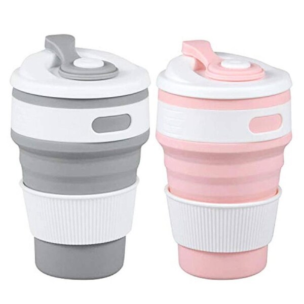Nevenka 2 Pack 350ml Silicone Collapsible Travel Mug with Lid-Gray Pink