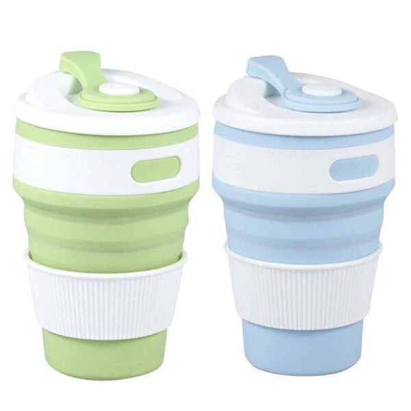 Nevenka 2 Pack 350ml Silicone Collapsible Travel Mug with Lid-Green Blue
