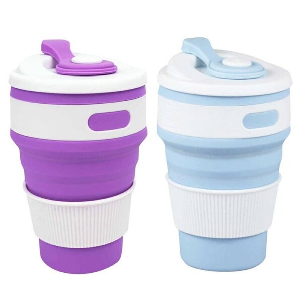 Nevenka 2 Pack 350ml Silicone Collapsible Travel Mug with Lid-Purple Blue