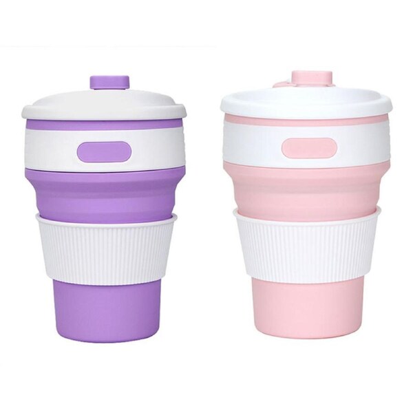 Nevenka 2 Pack 350ml Silicone Collapsible Travel Mug with Lid-Pink Purple
