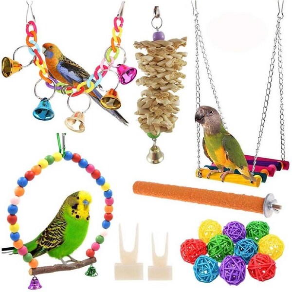 Nevenka 12Pcs Bird Parrot Swing Chewing Toy Hanging Bell Bird Cage