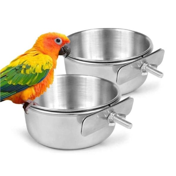 Nevenka Parrot Feeding Cup Bird Food Plate Stainless Steel Feeder Water Cage Bowl With Holder-10CM