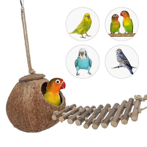 Nevenka Natural Coconut Hamster Hideout Ladder Birds and Critter Toys-Natural Surface