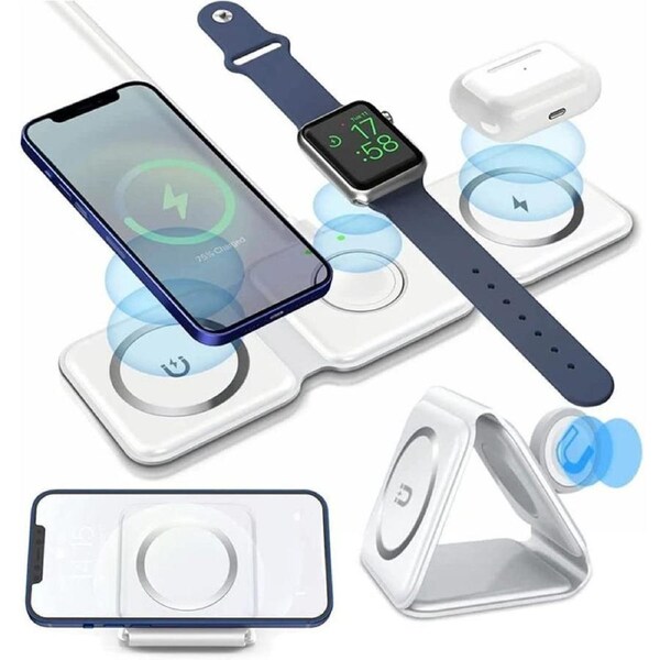 Nevenka 3 in 1 Wireless Charging Station 15W Foldable Magnetic Pad for iPhone 14/13/12/11 Apple Watch AirPods Pro